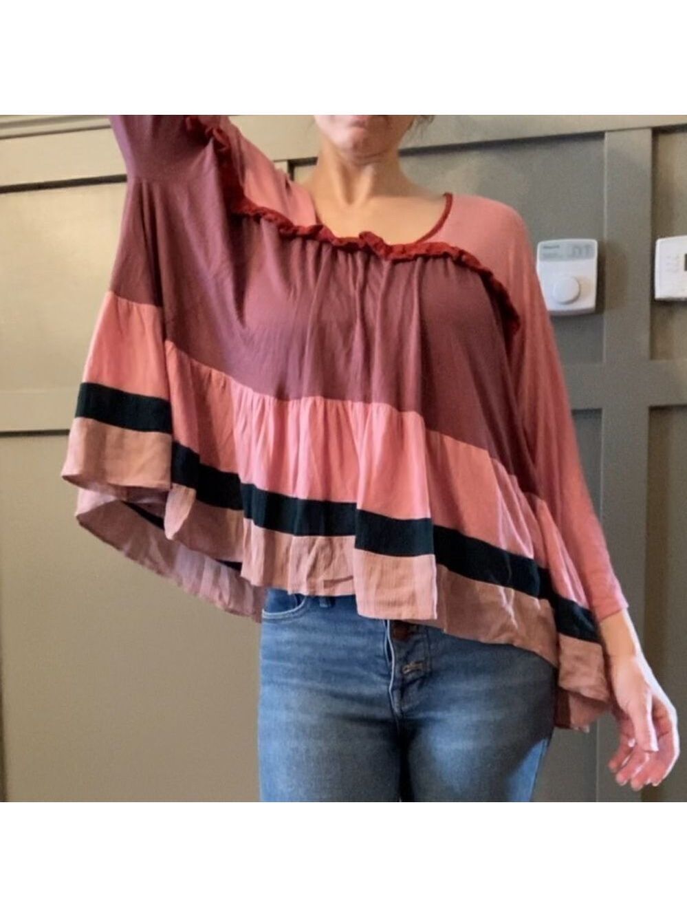 ANTHROPOLOGIE Meadow Rue Colorblock Boho Ruffle Swing Top Size Small - Picture 5 of 13
